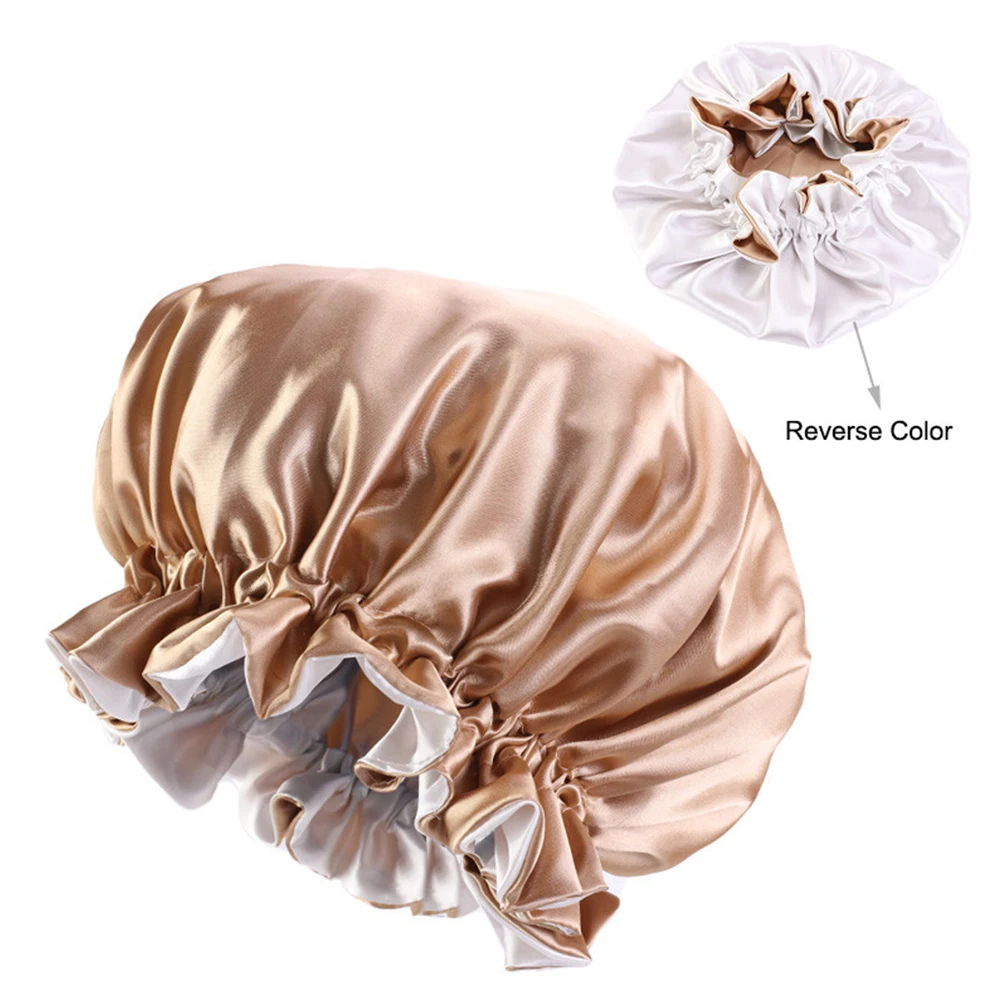 Women Elastic Band Double Layer Satin Protective Salon Shower Cap Solid