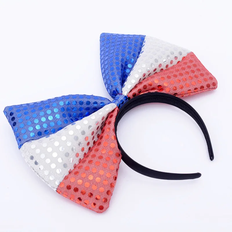 blue white red Негабаритный Блестящий ободок с бантиком для женщин, головная повязка с американским флагом, повязка для волос для девочек, обруч для волос, аксессуары для волос для Хэллоуина - Цвет: blue white red