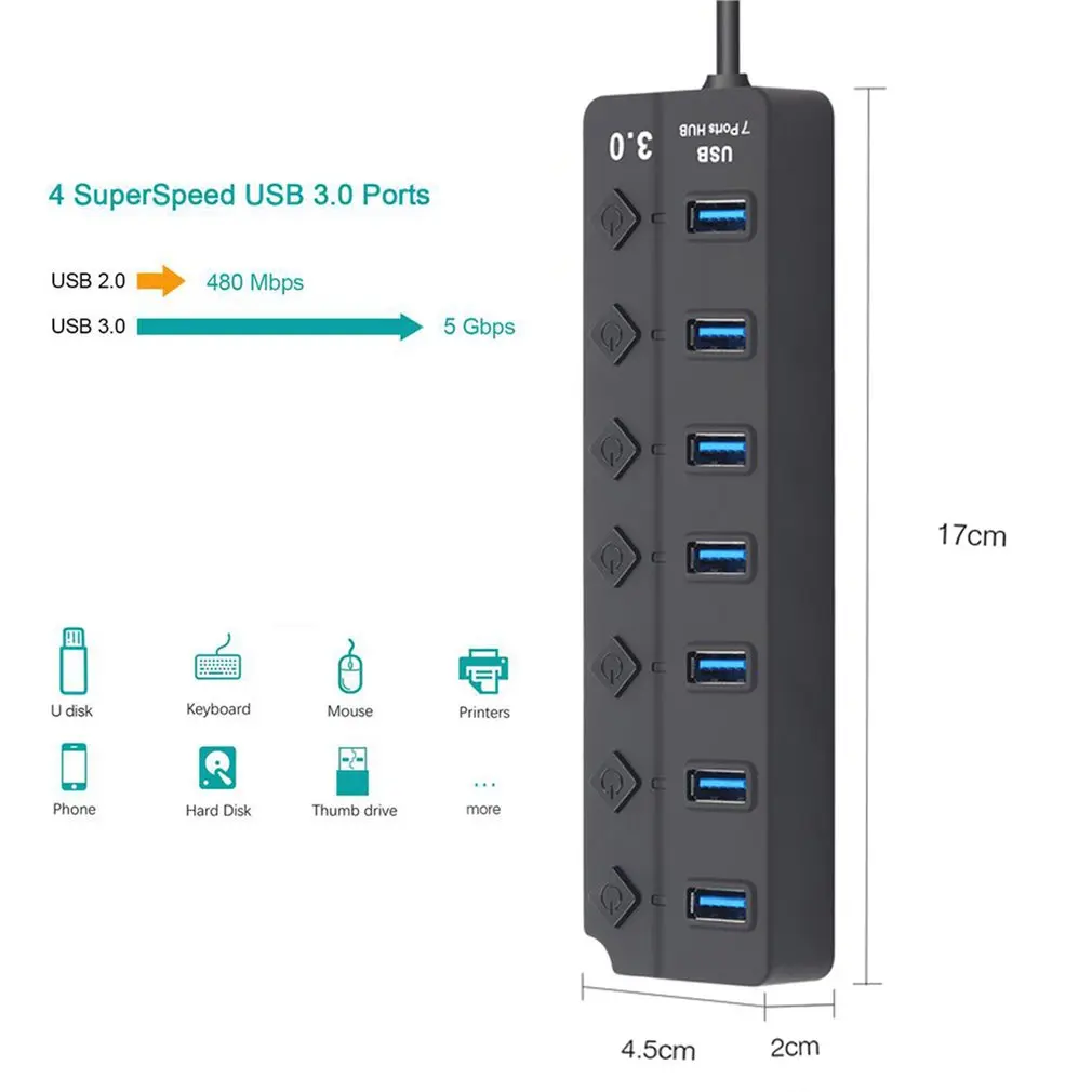 7 портов USB 3,0 концентратор 5 Гбит/с высокоскоростные Выключатели AC адаптер питания для ПК высокоскоростной концентратор адаптер питания
