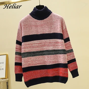 

Heliar Stripes Winter Turtle Neck Sweaters Female Knitted Pullovers Long sleeve High Street Sweaters Thick Sweater For Women