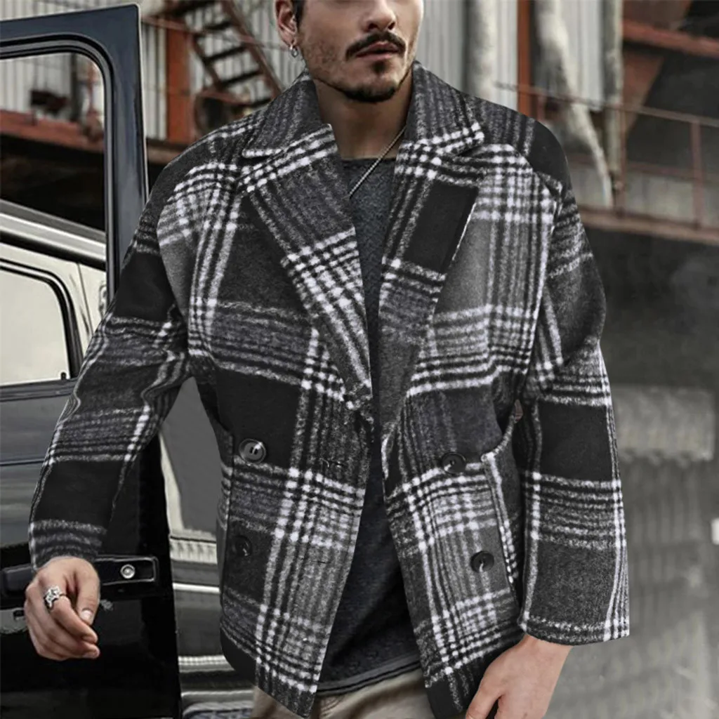 KLV Jackets men Autumn And Winter Male Coat Woolen Lattice Coat Loose Thick Windbreaker Long Sleeve Jacket new hot sale 70