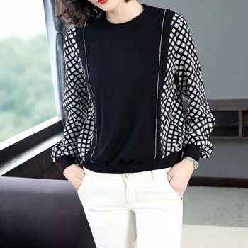 

Hot Women Spring High Fashion Bat Long Sleeve Polka Dot Chiffon Plaid Patchwork T Shirt Tops Female Casual Loose Oversize Shirts
