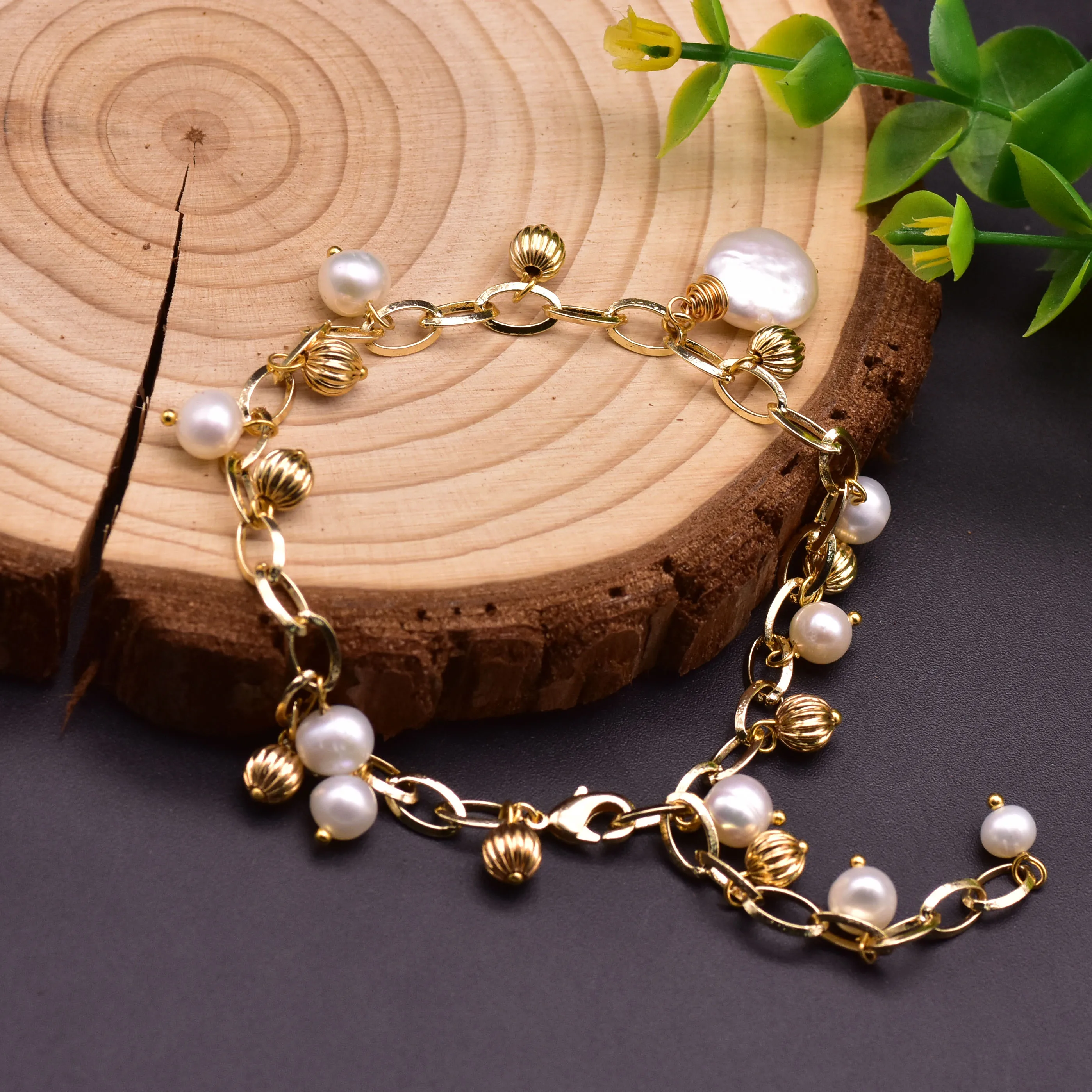 

GLSEEVO Fresh Water Pearl Small Metal Ball Adjustable Charm Bracelets For Wedding Girl Women's Fine Boho Jewelry Handmade GB0221