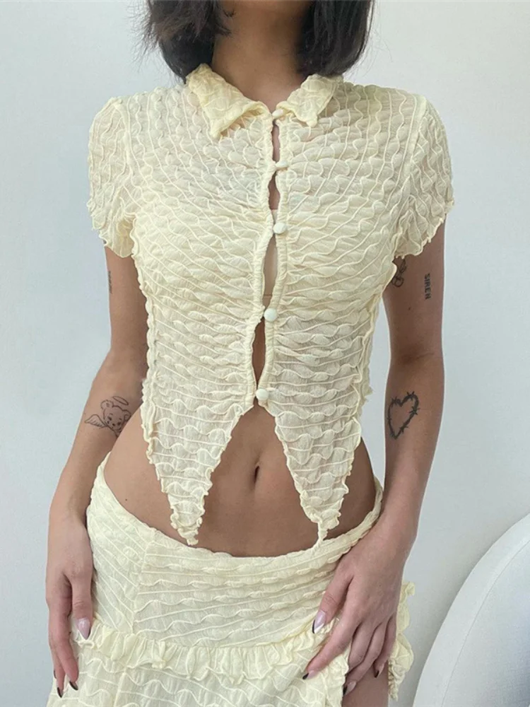 Sexy 2pc Set Short Sleeve Hollow Out Button Tops Fashion Elastic Waist Skirt Suit Fashion Casual Party Clubwear Outfits Hot Sale Sexy 2pc Set Short Sleeve Hollow Out Button Tops Fashion Elastic Waist Skirt Suit Fashion Casual Party Clubwear Outfits Hot Sale