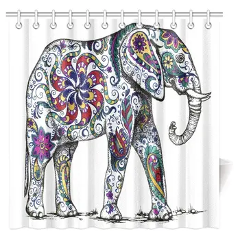 

Elephant House Decor Shower Curtain, Indian Aztec Elephant Tribal Blue Floral Flower Bathroom Shower Curtain Set with