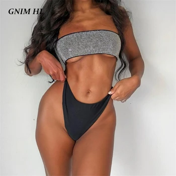 

GNIM High Waist Bikini Swimwear Women 2020 Sexy Bandeau Rhinestones Swimsuit Female Two Pieces Solid Swim Bathing Suit Biquini