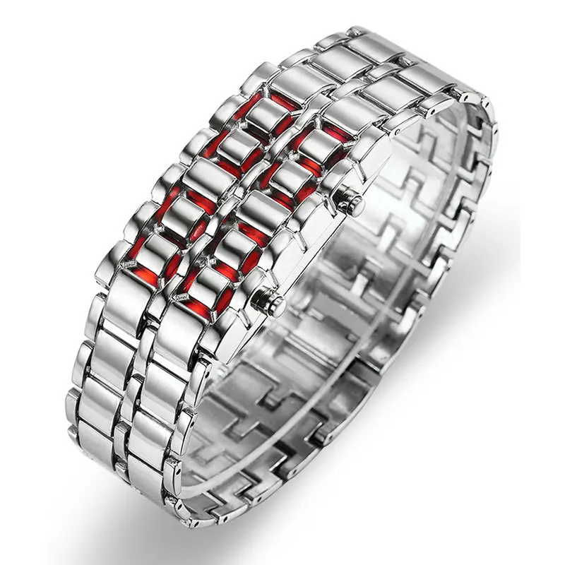 LED electronic watch alloy steel band men's electronic watch red and blue light display watch digital watch