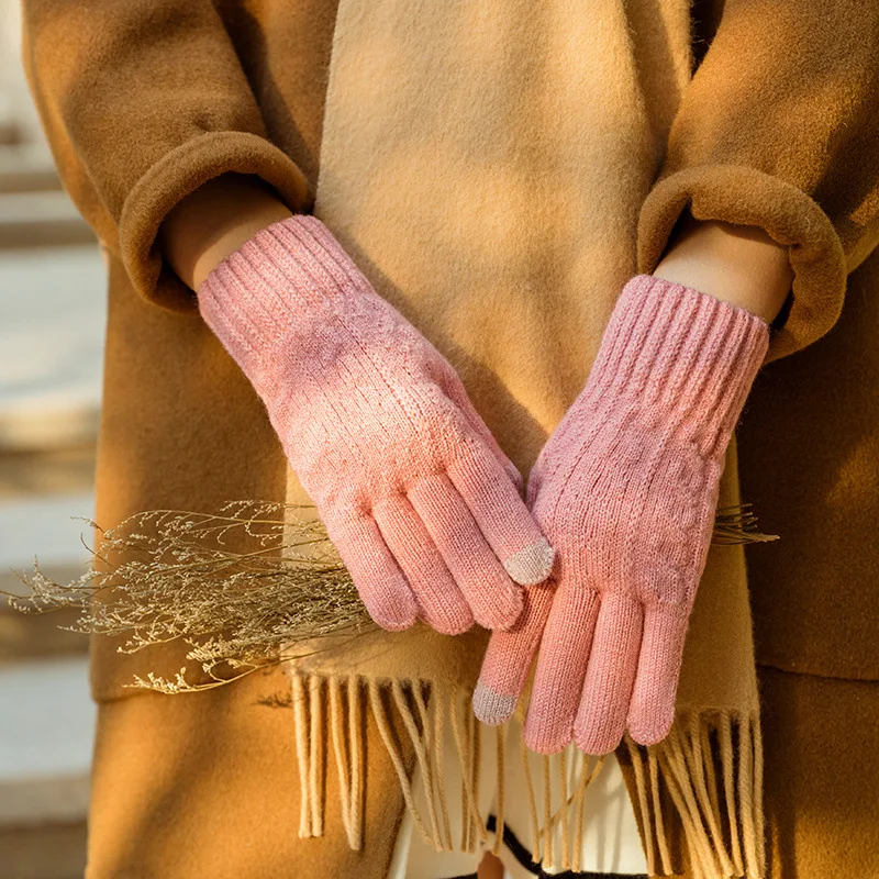 

Gloves winter knitting wool warmth thickening cold-proof fluff riding five-finger mobile phone game touch screen women's gloves