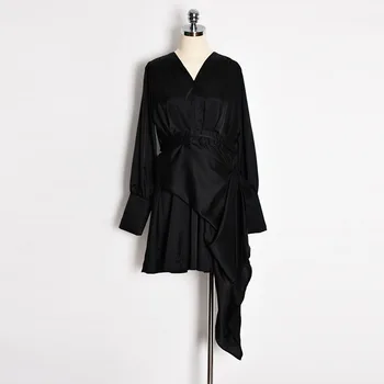 

Black Dress Women's Spring and Autumn 2019 New Fashion V-Neck Long Sleeve Irregular Vintage Dress Women Dress Elegant