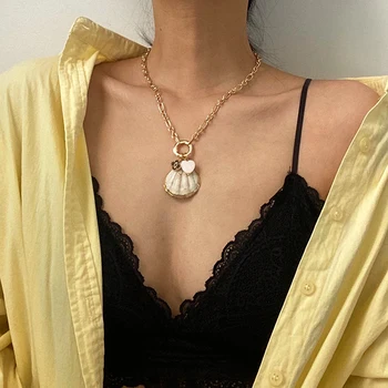 

Vogallery Gold Color Punk Style Necklace Pendants For Women Fashion Shell Zircon Rock Pendant Jewelry Summer accessories 50+7cm
