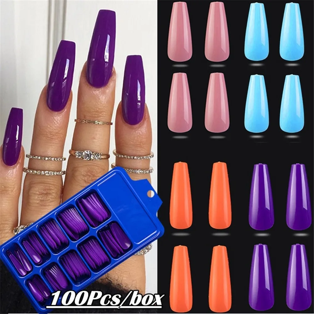 False Nail Tips 24/100Pcs Candy Color Full Cover Matte Acrylic Ballerina Fake Nails DIY Beauty Manicure Extension Tools