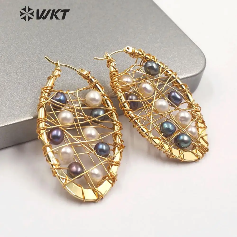 

WT-E587 Elegant wire wrapped web shape pearl earrings gold plated handmake beads hoop earrings for women