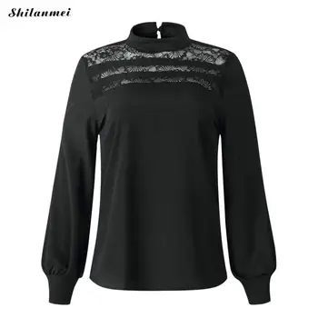

Vintage Blouses Women Lantern Sleeve Black Shirts Elegant Ladies Lace Patchwork Blouse Autumn Spring Office Work Blusa Mujer