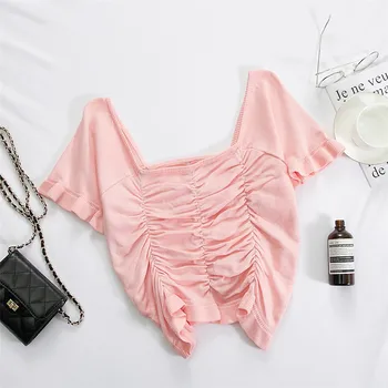 

HELIAR Pleated Tops Women Solid Knitted Cute Crop Tops Slash Neck Sexy Crop Tops Women 2020 Summer