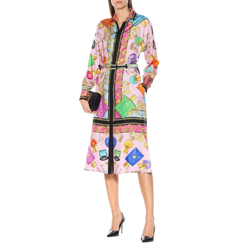

XF Boho Casual Women'S 2020 Spring And Summer New High Quality Designer Catwalk Print Long Sleeve Shirt Midi Beach Shirt Dress