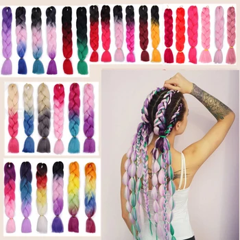 

Crochet Hair 24 inch Jumbo Braids Long Ombre pink Synthetic Braiding Hair Crochet Blonde Blue Grey Hair Extensions African