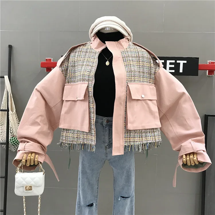 

New Small Fragrance Tweed Patchwork Fringed Jacket Women Autumn Large Pockets Loose Short Jacket Female Coats