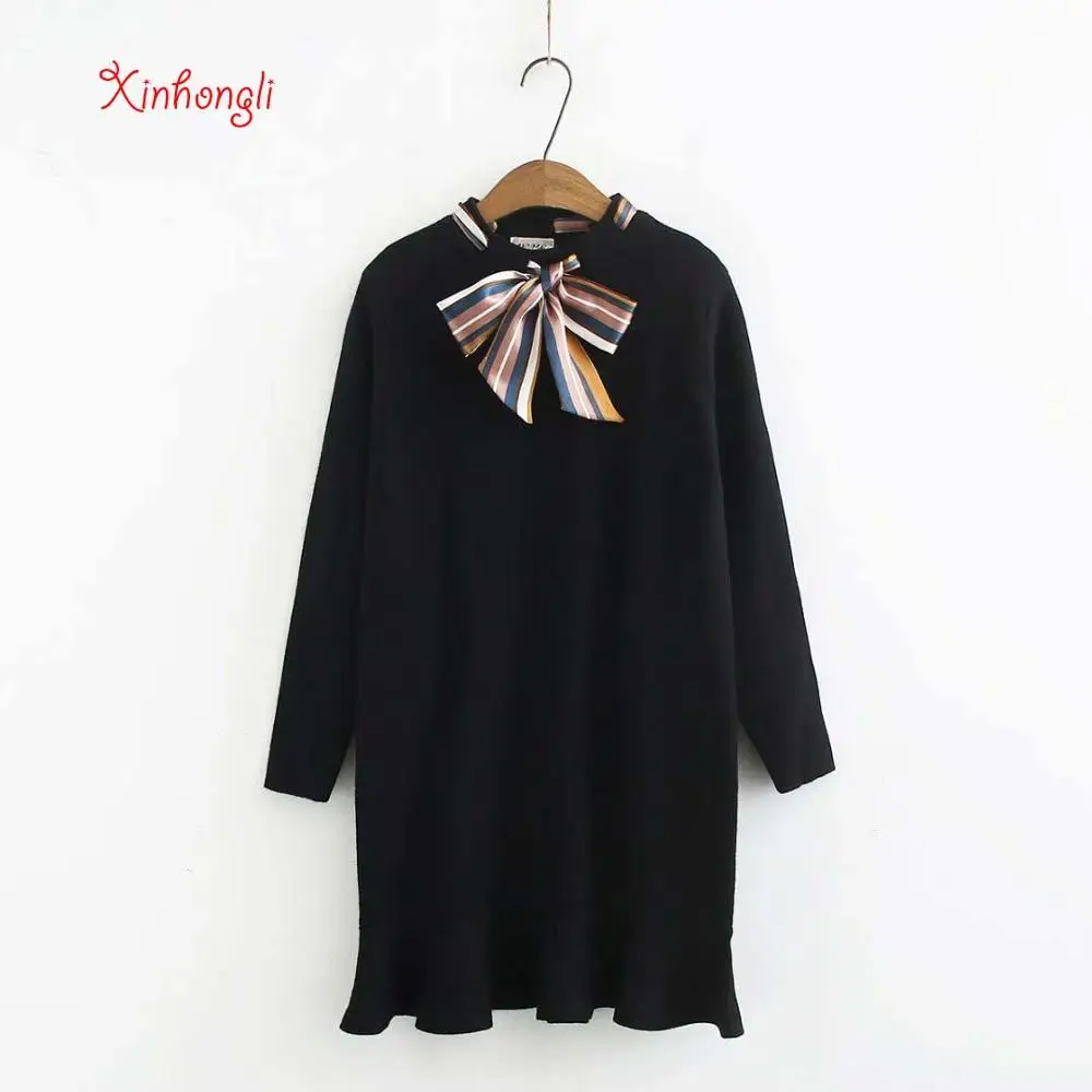 

Plus size knitted bow neck loose elastic women Trumpet dress 2020 NEW winter casual ladies long sleeve Mermaid vestidos female