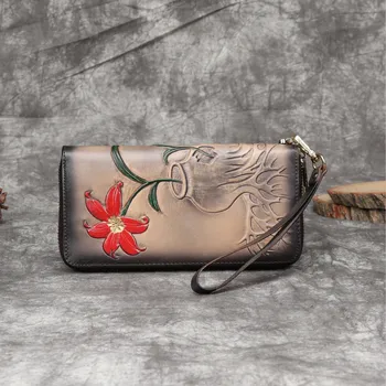

Genuine Leather Vintage Women Wallet Embossed Female Purses Retro Multiple Cards Holder Daily Clutch Long Standard Wallets