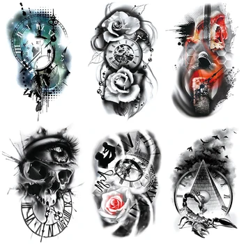 

Rose Time Family Watch Skull Temporary Tattoo Sticker Scorpion Tower Tattoos Waterproof Body Art Arm TattooS Fake Men Tattoo