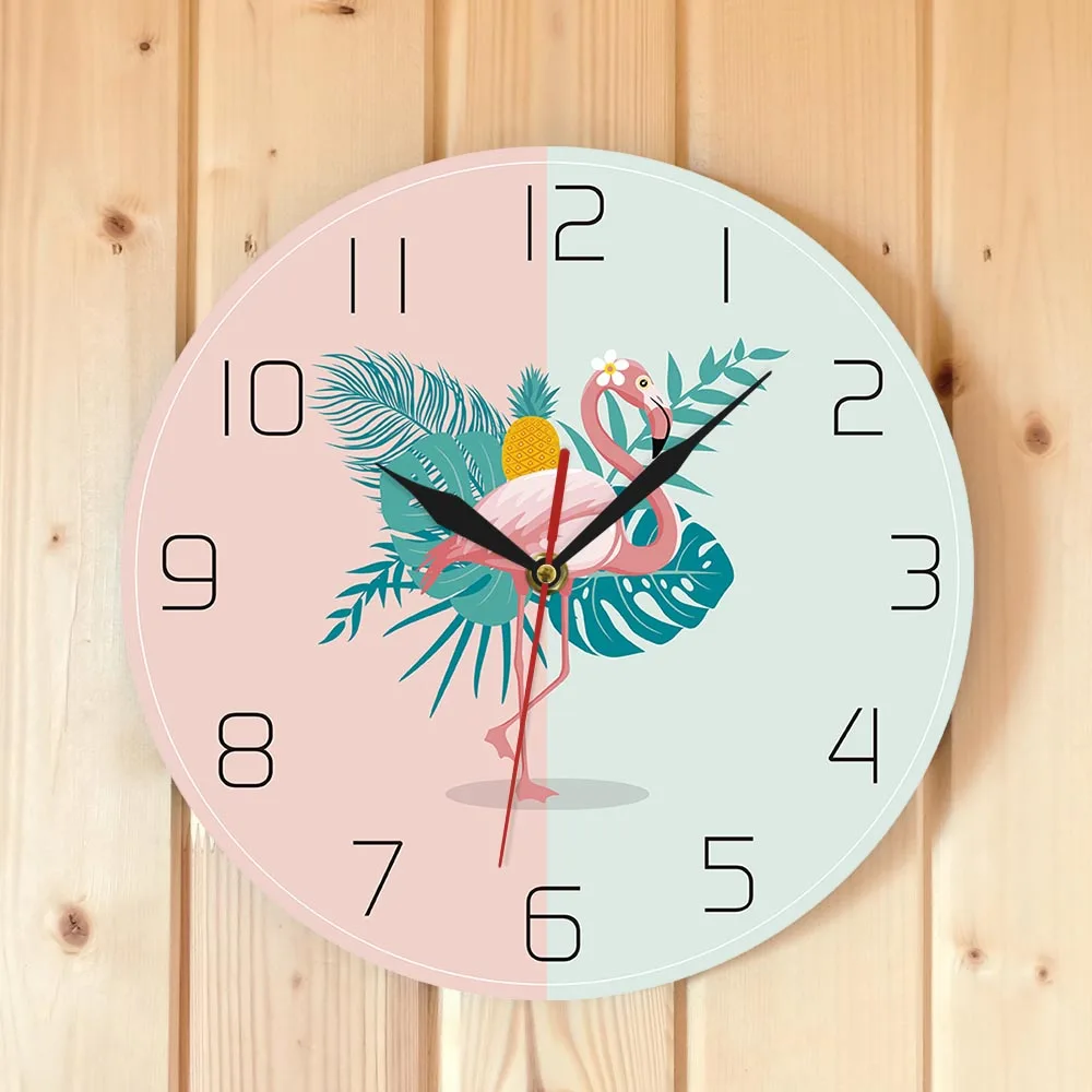 Настенные часы с рисунком фламинго винтажные круглые цветные тихие без тикания