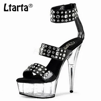 

LTARTA 15cm Heels Superfine High Heels Fashion Rivet Transparent Crystal Fun Sexy Nightclub Wristband Sandals LYP