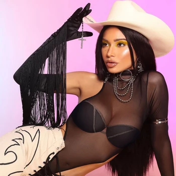 

BONJEAN Sexy Women bodysuit Sheer Mesh Bodysuit one shoulder Leotard for Women Long Sleeve Bodycon Femme Body Top