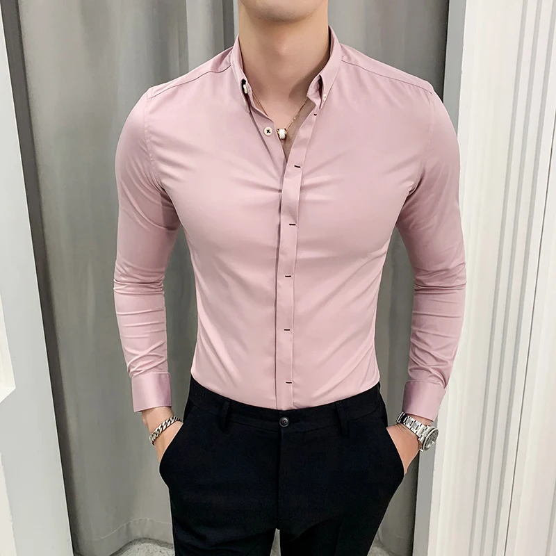 Британский стиль однотонная мужская рубашка высокого качества мужские шелковые рубашки с длинным рукавом деловая официальная одежда зауженного покроя рубашка-смокинг платье розовый 4XL