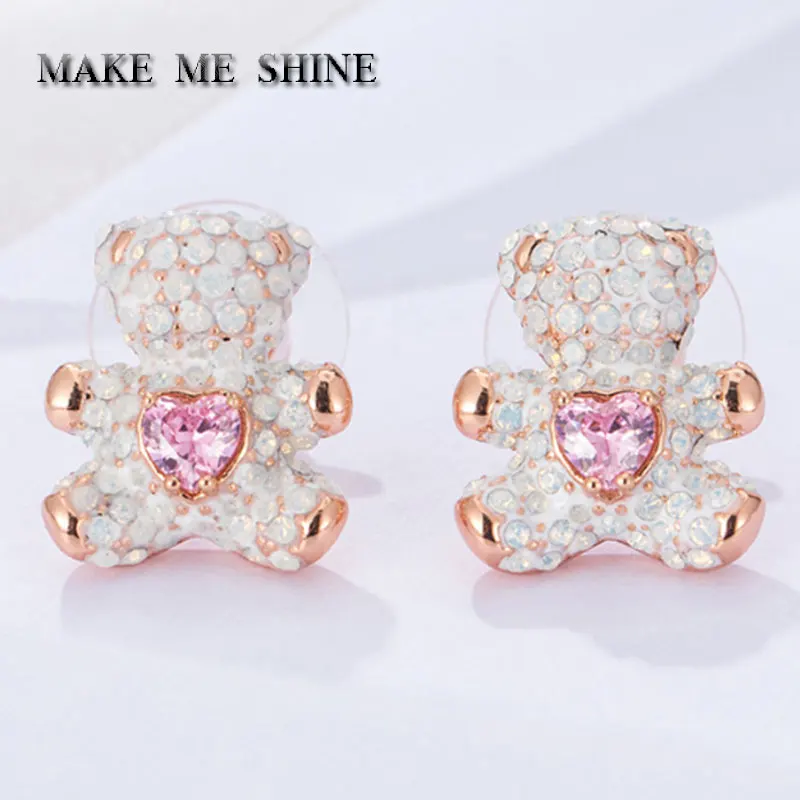 Новые серьги SWA, женские умные серьги с мишкой, милое сердце, розовый кристалл, медведь, уши, ногти, подарки для девушек и девушек