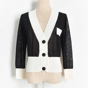 

Summer New Black and White Contrast Thin Perspective V-neck Long-Sleeve High Waist Knit Cardigan Women Knit T-Shirt