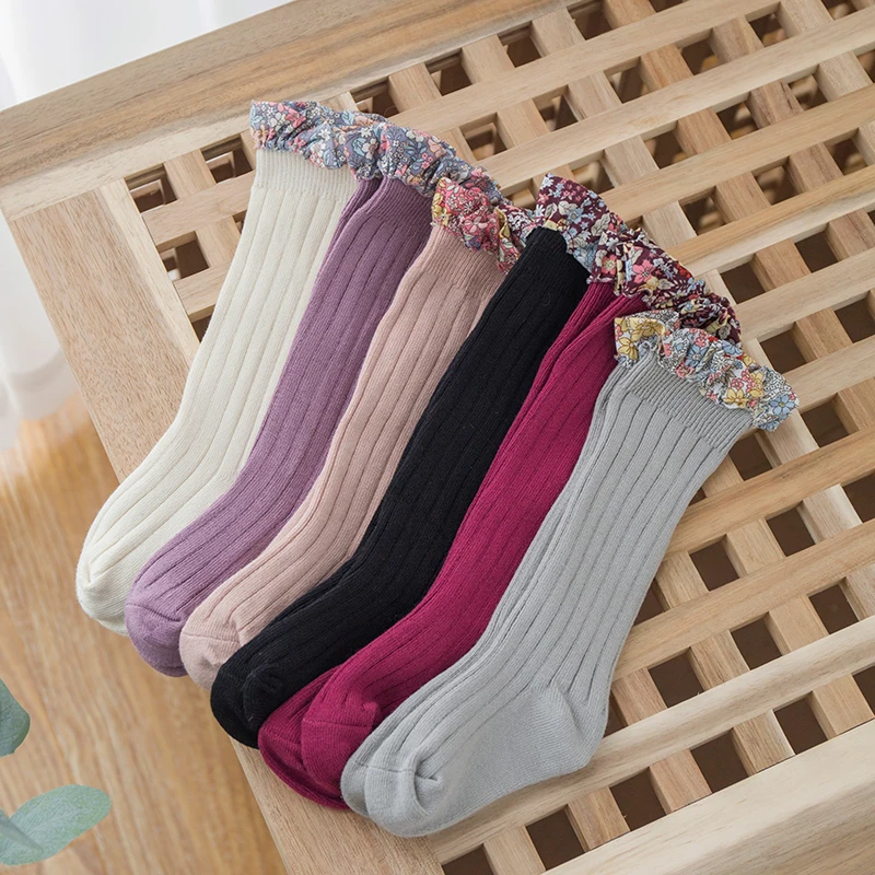 0-8 Years Baby Girls Liberty Ruffle Trim Knee Socks Kid's Girls Ribbed Cotton Ditsy Floral Frill Knee High Socks