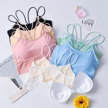 

New Style Ribbed Pattern Beauty Back Wrap-around GIRL'S Anti-Exposure Base Underwear Lace Hem Tube Top with Chest Pad Thick-GM