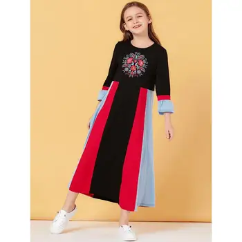

kid color block patchwork maxi robe summer short sleeve embroidery dress girl ramadan kaftan EID abaya islamic muslim dubai gown