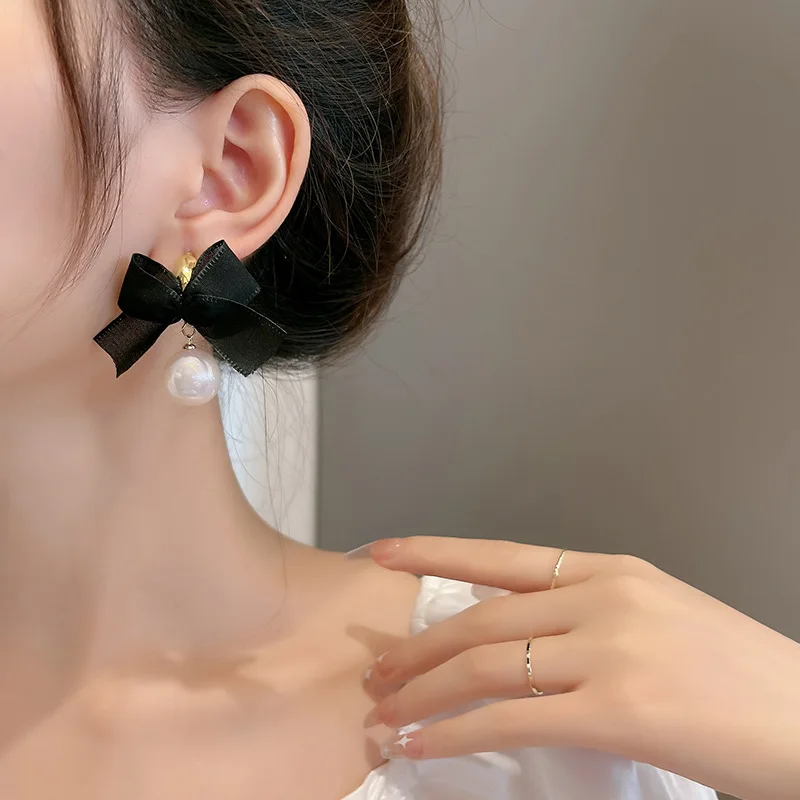 French Romantic Black Bow White Pearl Women's Earrings Light Luxury Korean Fashion Earrings For Female Trendy Jewelry pearl earrings,bowtie earrings,bow clip earrings