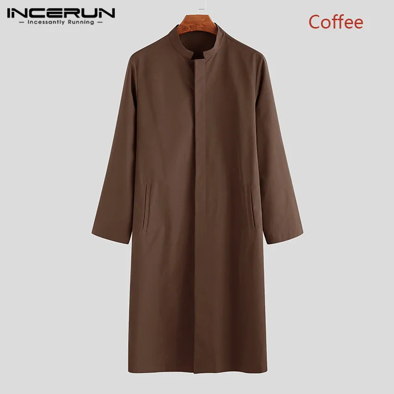 INCERUN, Ретро стиль, мужская длинная рубашка, повседневная, Ретро стиль, однотонный,, воротник-стойка, длинный рукав, мусульманский, исламский кафтан, мужские рубашки размера плюс - Цвет: Coffee