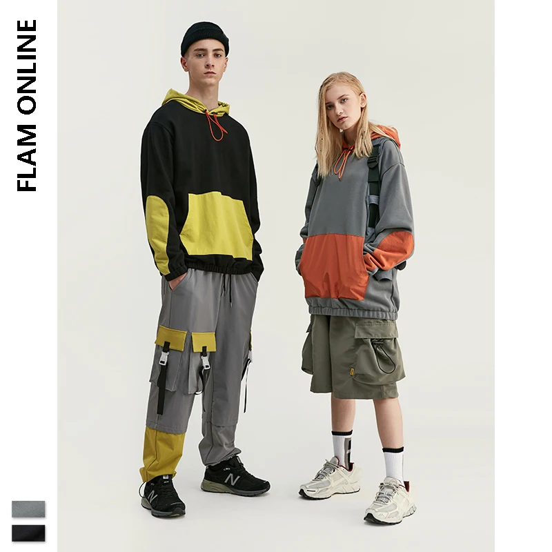 

2019 Autumn Fashion Hip Hop Hoodie Men Winter Hoodies Colour Block Trim Script Logo Recycled Cotton Terry Men Hoodie Streetwear