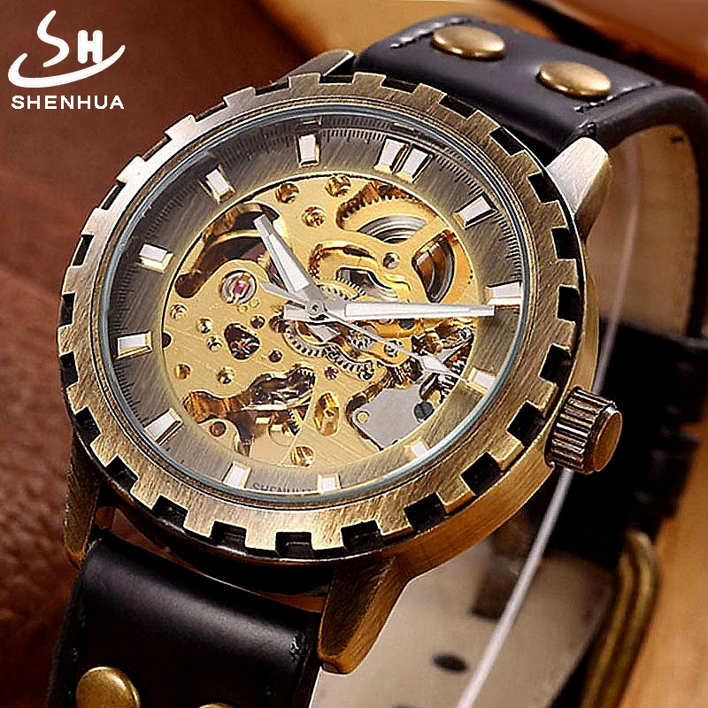 

Relogio Masculino Men Watch SHENHUA Automatic Mechanical Watch Transparent Mesh Leather Skeleton Wristwatch for Mens Clock