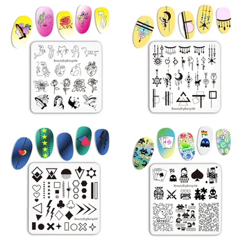 

BEAUTYBIGBANG 5Pcs Game Square Geometric Theme Flower Girl 6*6cm Animal Nail Stamping Plates Nail Art Image Stencil Flower Tango
