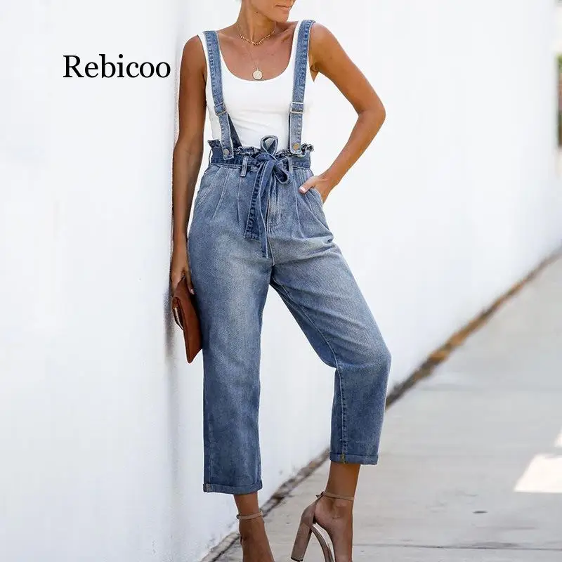 Suspender Jumpsuit Spaghetti Strap Romper Jeans Denim Pants Ruffles Tie Metal Buckle Overalls Bandage High Waist Trousers Suspender Jumpsuit Spaghetti Strap Romper Jeans Denim Pants Ruffles Tie Metal Buckle Overalls Bandage High Waist Trousers