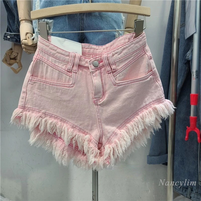 Ripped Tassel Edge Pink Denim Shorts 