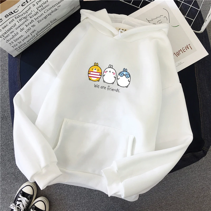 Shellsuning Kawaii толстовка с тремя кроликами Женские топы с рисунком из мультфильма, пуловеры с длинными рукавами, повседневные розовые милые толстовки - Цвет: White