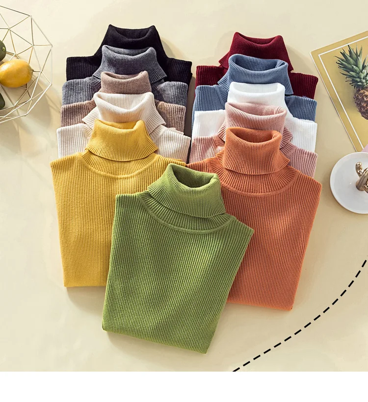 Корейский женский свитер с высоким воротом, Осень-зима, элегантные женские вязаные свитера, женский свитер цвета хаки, серый, черный, белый, желтый, розовый