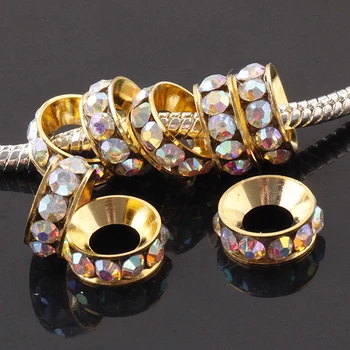 

100pcs White AB Rhinestone Crystal Gold Color Metal Spacer Big Hole Charm Beads For Making Jewelry European Bracelet Accessories