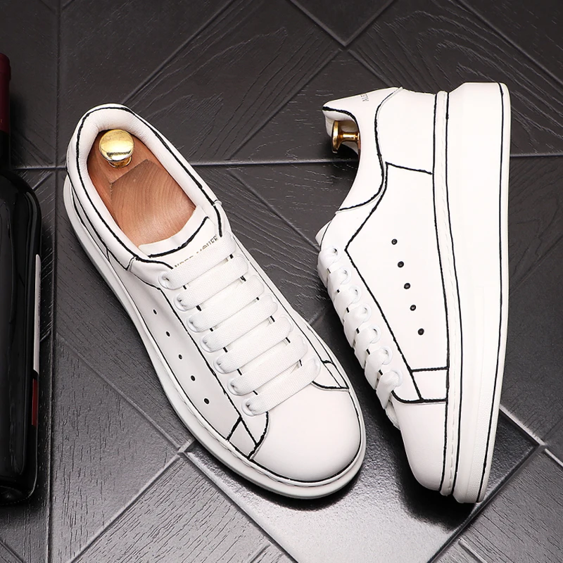 

Japanese style men casual black white shoes lace-up original leather shoe streetwear trend flats platform sneakers mans footwear