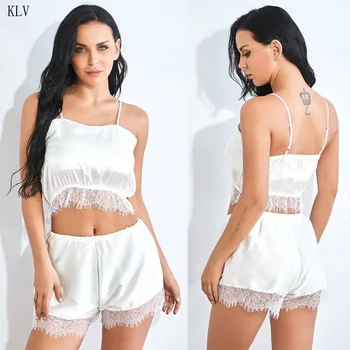 

Women Summer Sleepwear Faux Silk White Pajamas Set Spaghetti Strap Crop Top Wide Leg Shorts Sexy Eyelash Lace Trim Lingerie