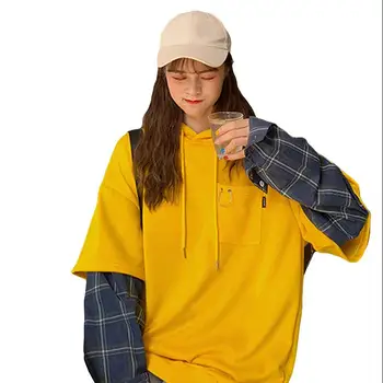 

Autumn hooded fake two-piece plaid hoodie long sleeve sweatshirt women