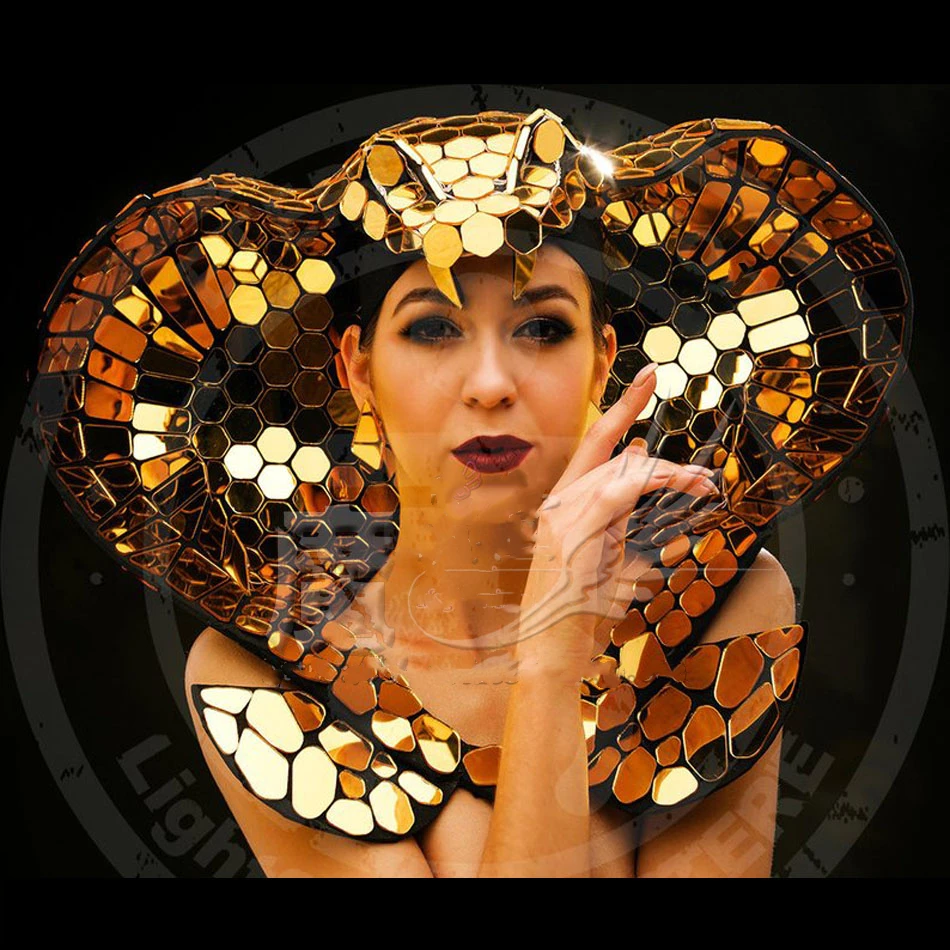 

Костюм диджея певицы шоу Золотые Зеркальные головные уборы головной убор подиумная модель Ночной клубный бар технология сексуальный ГОГО женский воротник танцы DS