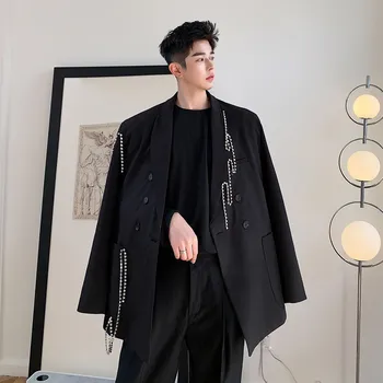 

2020 Men's Dark Black Outerwear Irregular Chain High Quality Suit Jackets Male Loose Coat Casual Blazers Western Clothes M-XL
