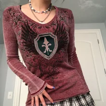 

Graphic Harajuku Rhinestone Knitted T Shirts Women Long Sleeve Fairy Grunge Aesthetic Clothes O-Neck Top Female Ribbed T-shirts