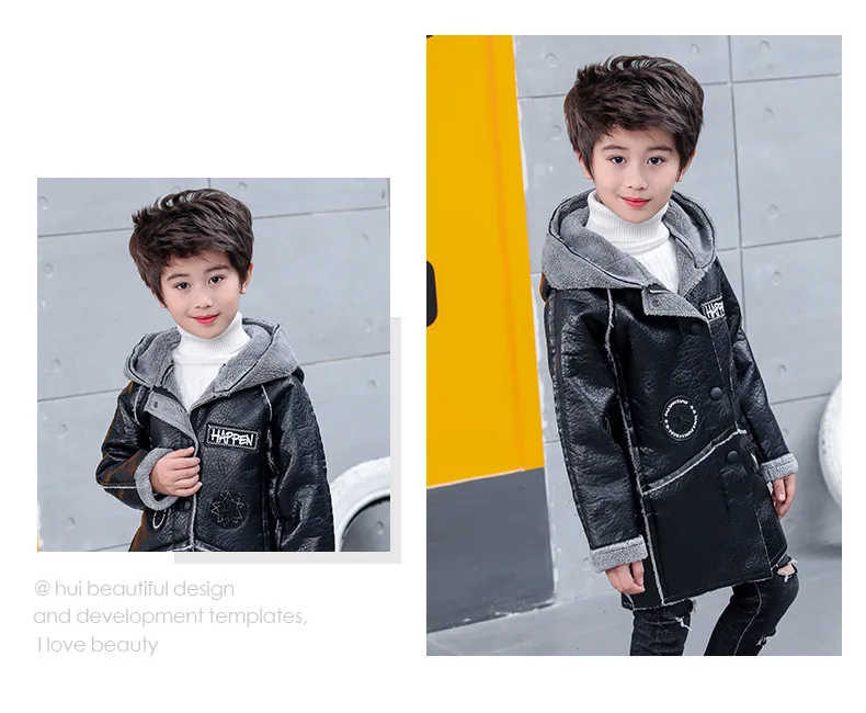 Зимние модные детские куртки; длинные пальто из искусственной коровьей кожи для мальчиков; бархатная теплая детская верхняя одежда; детская черная куртка с капюшоном